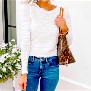 House of Harlow 1960 Ruched Sleeve Long Sleeve Heathered Knit Top in White Sz S